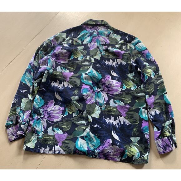 Marguerite Li Silk Blouse Button Front Shirt Blue Green Purple Black Floral M - Picture 5 of 7